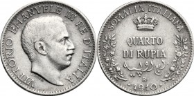 Somalia Italiana. Vittorio Emanuele III (1909-1925). Quarto di rupia 1910. Pag. 971. Mont. 455. AG. g. 2.86 mm. 19.00 R. BB.