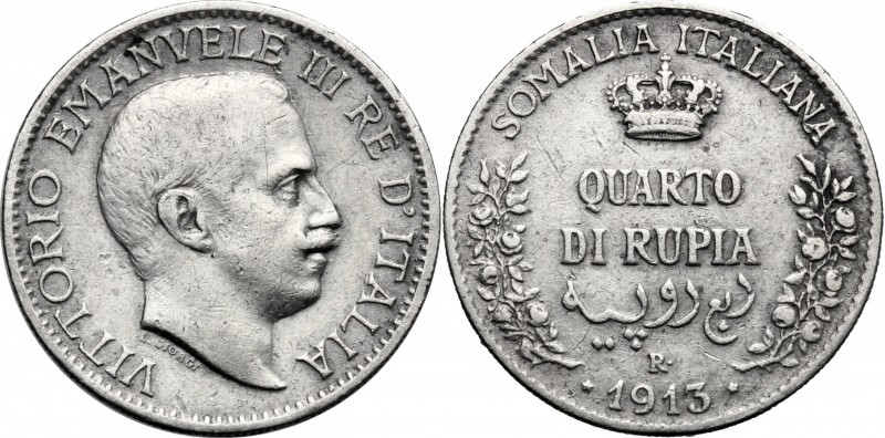 Somalia Italiana. Vittorio Emanuele III (1909-1925). Quarto di rupia 1913. Pag. ...