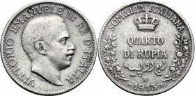 Somalia Italiana. Vittorio Emanuele III (1909-1925). Quarto di rupia 1913. Pag. 972. Mont. 456. AG. mm. 19.00 RR. BB.