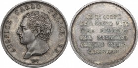 Carlo Felice (1821-1831). Medaglia alla memoria del minatore Pietro Micca, 1828. D/ AUSPICE CARLO FELICE RE. Testa nuda a sinistra; nel taglio, A. LAV...