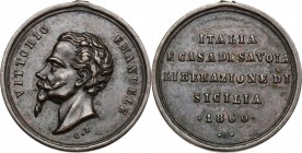Vittorio Emanuele II (1820-1878). Medaglia 1860 per la liberazione di Sicilia. Brambilla Addenda B23. AE. mm. 17.00 R. Appiccagnolo rimosso. Graffio a...