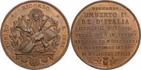 Umberto I (1878-1900). Medaglia 1881 per il Primo Concorso Internazionale di musica in IItalia. D/ TORINO RICORDO A. 1881. Strumenti musicali tra rami...
