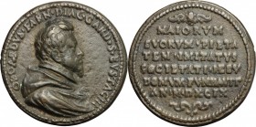 Odoardo Farnese (1573-1626), cardinale romano. Medaglia 1599. D/ ODOARDVS FARN DIAC CARD S EVSTACHI. Busto a destra. R/ MAIORVM/ SVORVM PIETA/ TEM IMI...