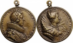 Luigi XIII Re di Francia (1601-1643) con la moglie Anna d'Austria. Medaglia 1620. D/ LVDOVIC XIII D G FRANCOR ET NAVARAE REX. Busto a destra con gorgi...