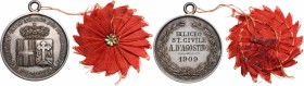 Medaglia premio 1909 del Collegio Carlo Alberto di Moncalieri, conferita a A. D'Agostino, con coccarda. AG. mm. 37.00 qSPL.