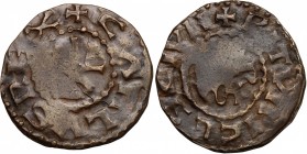 France. Charles the Bald (840-877). BI Denier, Bourges mint, Tardani counterfeit (?). See MEC 1, 838. BI. g. 2.63 mm. 21.00 An interesting example. VF...