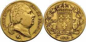 France. Louis XVIII (1814-1824). 20 francs 1819 A, Paris mint. Gad. 1028. Fried. 519. AV. mm. 21.00 About VF/VF.