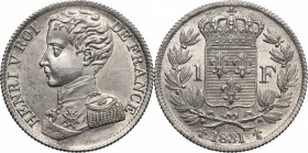 France. Henry V (1830-1833), Pretender. 1 Franc 1831. KM X28.2. Gad. 451. AR. g. 5.02 mm. 23.50 Exceptional. Lustrous. FDC.