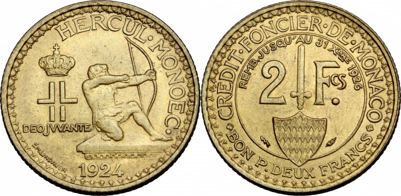 Monaco, Principality of. Louis II (1922-1949). 2 Francs 1926. Gad. MC 130. AE/AL...