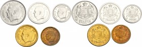 Monaco, Principality of. Louis II (1922-1949). Lot of 5 coins: 5 Francs 1945 AL, 2 Francs (1943) AL and CU/AL, 1 Franc (1943) AL and CU/AL. Gad. MC 13...
