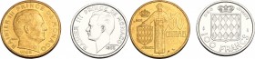 Monaco, Principality of. Ranieri III (1949-2005). Lot of 2 coins: 100 Francs 1956 (About FDC) and 50 Centimes 1962 (EF). Gad. MC 143 and 148. CU/NI an...