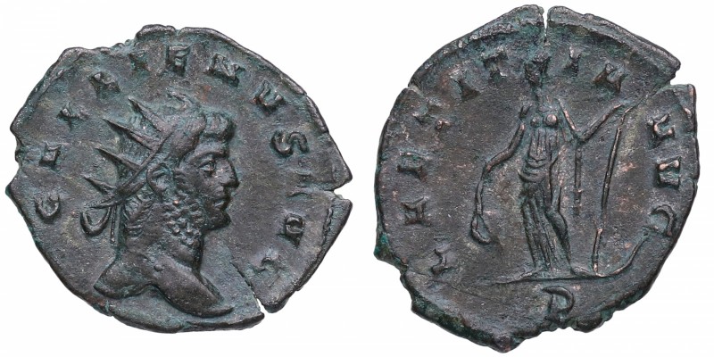 265 dC. Galieno. Mediolanum. Antoniniano. RIC 265. Ae. Busto irradiado /Laetitia...