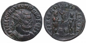 293-305 dC. Constancio I como César. Cyzicus. Nummus. RIC VI 19a. Ae. FL VAL CONSTANTIVS NOB CAES, busto irradiado, drapeado y adornado a la derecha /...