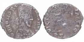 395-423 dC. Honorio (395-423 dC). Hispania. Media Silicua. Ag. 1,01 g. DN HONORI – VS PF AVG: Busto de Honorio diademado, drapeado y acorazado a la de...