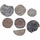 s. XIV-XV. Lote de 6 monedas medievales: Blancas tres (1 partida), dinero Portugal, Ceitil de Portugal y dinero de Fernando IV. Ve. BC a MBC. Est.30.