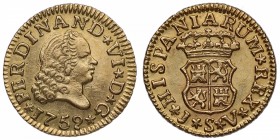 1759. Fernando VI (1746-1759). Sevilla. 1/2 Escudo. JV. Au. Muy bella. Brillo oroginal. EBC+. Est.275.