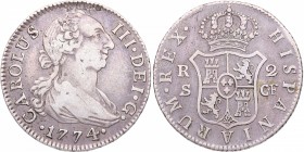 1774. Carlos III (1759-1788). Sevilla. 2 Reales. CF. Cy 11556. Ag. 5,87 g. MBC-. Est.70.