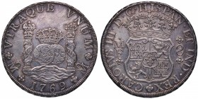 1769. Carlos III (1759-1788). México . 8 reales. MF. Ag. Insignificante muesca en canto, pero muy bella. Preciosa pátina. EBC+. Est.500.