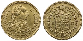 1772. Carlos III (1759-1788). Madrid. 1/2 escudo. A&C 227. Au. Muy bella. Brillo Original. Magníficio relieve de anverso. SC-. Est.375.