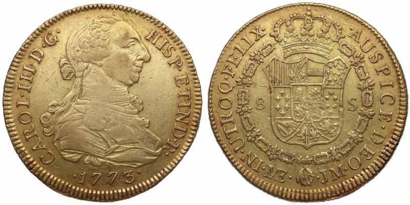 1773. Carlos III (1759-1788). Lima. 8 escudos. A&C 200. Au. Restos de brillo ori...