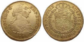 1773. Carlos III (1759-1788). Lima. 8 escudos. A&C 200. Au. Restos de brillo original. Escasa. EBC-. Est.1700.