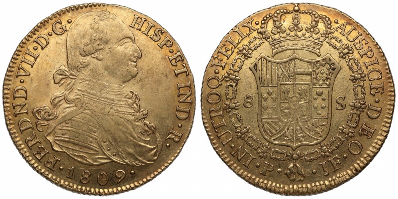 1809. Carlos IV (1788-1808). Popayán. 8 escudos. A&C 227. Au. Bella. Brillo Orig...