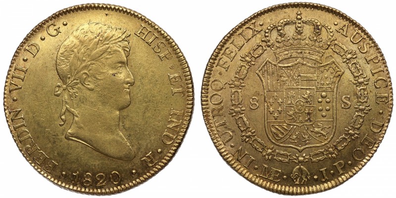 1820. Fernando VII (1808-1833). Lima. 8 escudos. A&C 227. Au. Bella. Brillo Orig...