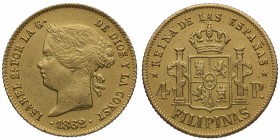 1862. Isabel II (1833-1868). Manila. 4 pesos. Au. Bella. EBC. Est.350.