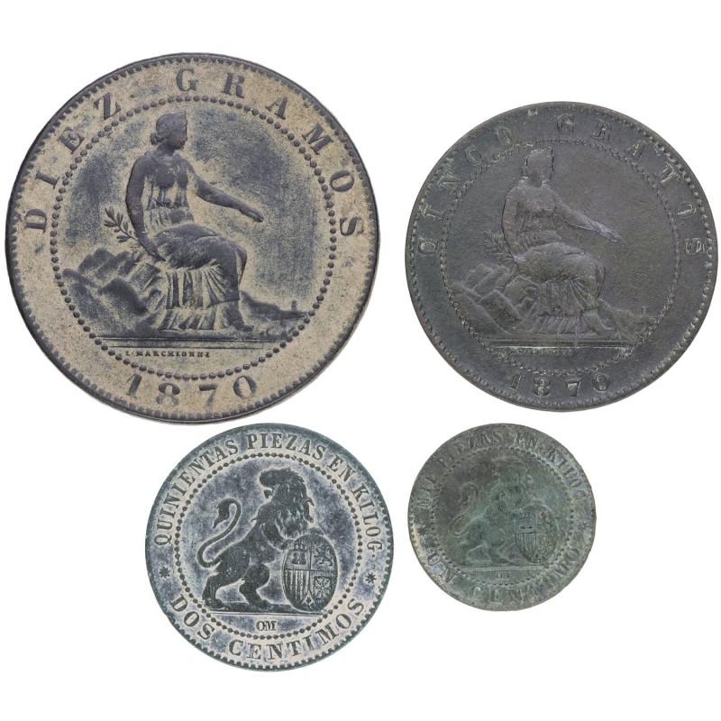 1870. I República. Barcelona. Lote de 4 monedas: 1, 2, 5 y 10 céntimos. OM. A&C ...