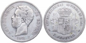 1871*71. Amadeo I (1871-1873). Madrid. 5 pesetas. SDM. Cy 17590. Ag. Kilog sin punto. MBC-. Est.24.