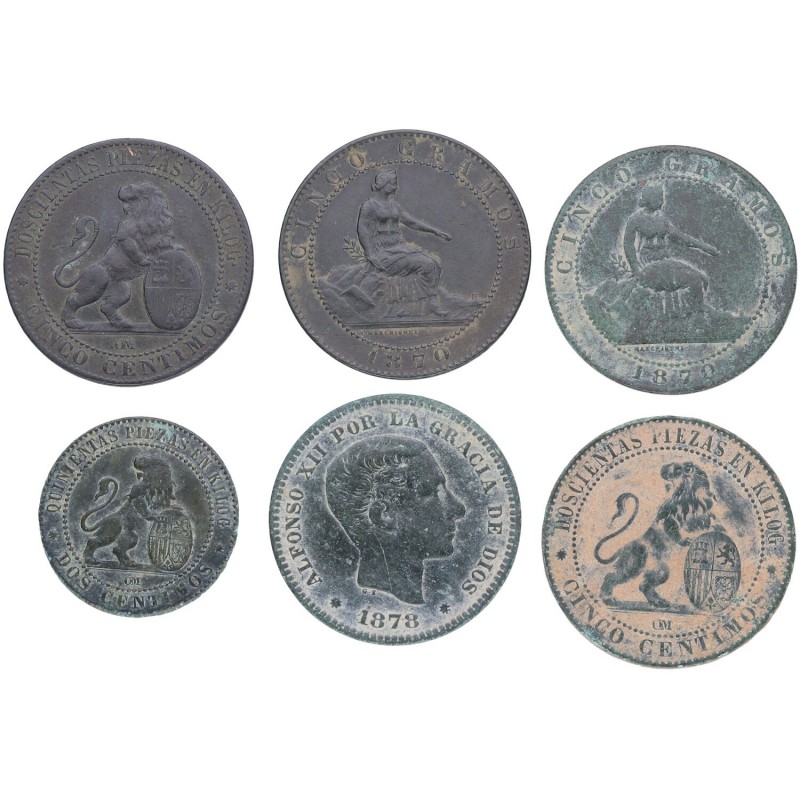 1870 y 1878. Alfonso XII (1874-1885). Barcelona. Lote de 6 monedas: 5 céntimos (...