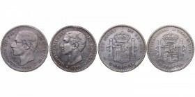 1875 y ¿1885?. Alfonso XII (1874-1885). Madrid. Lote de dos monedas: 5 pesetas. Ag. MBC y MBC+. Est.45.