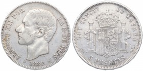 1882 / sobre 1881. Alfonso XII (1874-1885). Madrid. 5 pesetas. MSM. Cy 17595. Ag. MBC. Est.60.