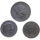 1977 a 1879. Alfonso XIII (1886-1931). Madrid. Lote de 3 monedas: 5 céntimos (2) y 10 céntimos (1). OM. A&C 422 a 28. Cu. MBC+ y EBC. Est.10.