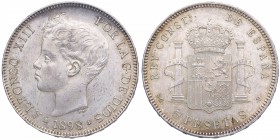 1898*98. Alfonso XIII (1886-1931). Madrid. 5 pesetas. SGV. Cy 17590. Ag. EBC / EBC+. Est.60.