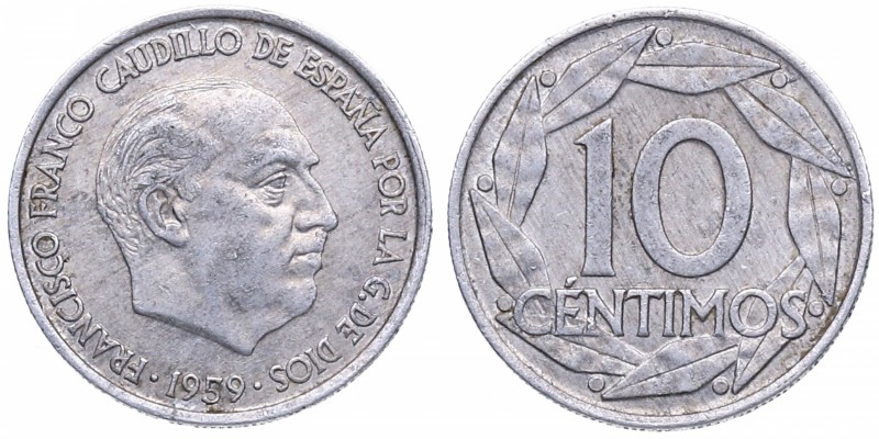 1959. Franco (1939-1975). 10 céntimos. Cu-Ni. Reverso girado 25º a la izquierda....