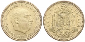 1953*60. Franco (1939-1975). 1 Peseta. Cu-Ni. 3,48 g. Escasa. EBC+ / SC-. Est.60.