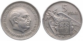 1957. Franco (1939-1975). Madrid. 5 pesetas. Cu-Ni. I Exposición Iberoamericana de Numismática "BA". SC-. Est.140.