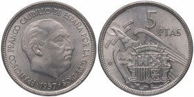 1957*58. Franco (1939-1975). Madrid. 5 Pesetas. Cy 17842. Ni. 5,64 g. Escasa. EBC+ / SC-. Est.40.