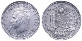 1975. Juan Carlos I (1975-2014). 1 peseta. Al. Error. Acuñada en cospel de aluminio de moneda de 50 céntimos de Franco. SC. Est.90.