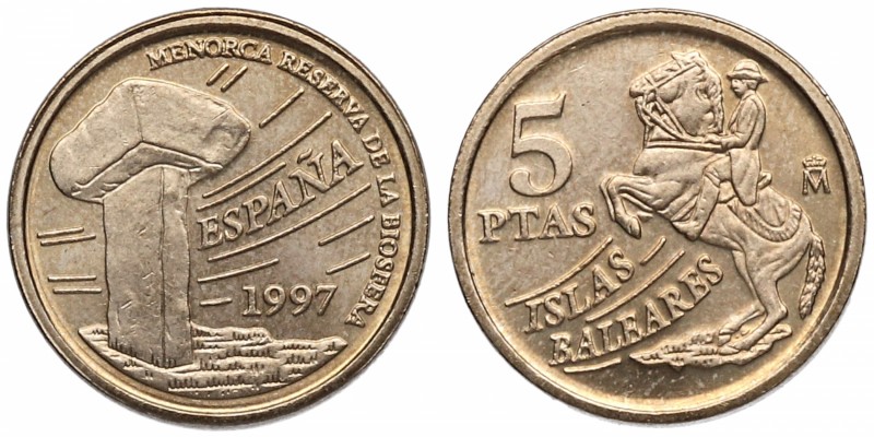 1997. Juan Carlos I (1975-2014). 5 pesetas. Cu-Ni. Variante casco suelto en pata...