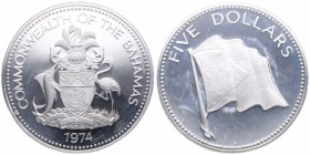 1974. Bahamas. 5 Dólares. Ag. Encapsulada. SC. Est.35.