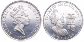 1991. Islas Cook. 50 Dólares. Ag. Encapsulada. SC. Est.30.