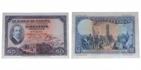 1927. II República (1931-1939). 50 pesetas. Sin serie. Sin sello. EBC+/EBC. Est.160.