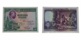 1928. II República (1931-1939). Madrid. 500 pesetas. Sin doblez pero dos grapas. EBC / EBC+. Est.45.