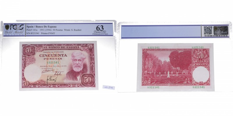 1951. Franco (1939-1975). 50 pesetas. Sin serie. PCGS 63. SC. Est.180.