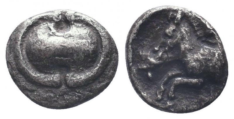 BOIOTIA, Tanagra. Early-mid 4th century BC. AR Obol. Boiotian shield / Forepart ...