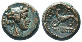 Lydia, Philadelphia Æ17. 1st century BC. Ermippos, magistrate. Ivy-wreathed head of Dionysos to right, ΦΙΛΑΔΕΛΦΕWΝ behind / Panther standing to left, ...