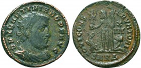 Martinian. Usurper, AD 324. Æ Follis. Nicomedia mint, 2nd officina. D N M MARTINIANO P F AVG, radiate, draped, and cuirassed bust right / IOVI CONS ER...