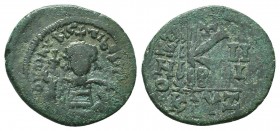 Maurice Tiberius, 582-602 AD, AE Follis, 

Condition: Very Fine

Weight: 5.80 gr
Diameter: 24 mm